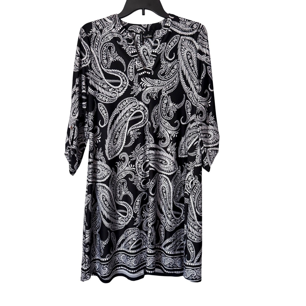 New Directions Paisley Shift Dress Womens Medium Black White Roll Tab Sleeve